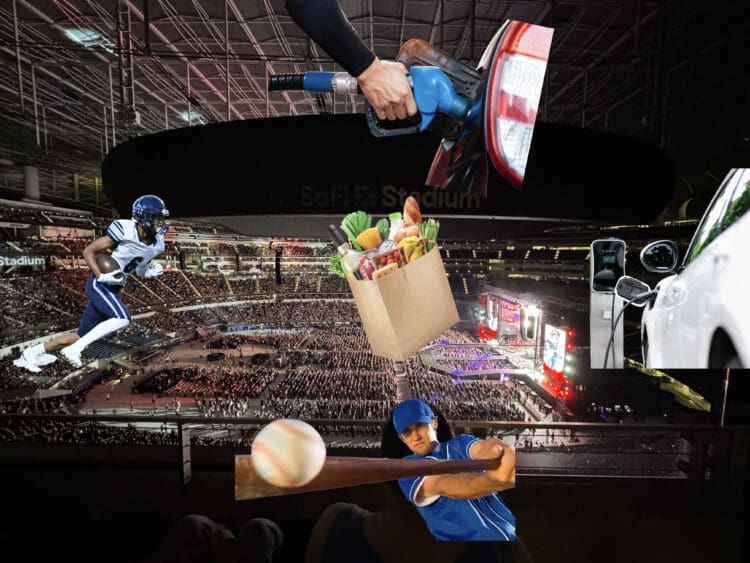 The Chase Freedom Flex® Q3 bonus categories: a collage featuring various elements. In the background, there is a large stadium filled with people, possibly during a concert or event. Superimposed on this are several distinct images: a person in a football uniform running, a hand holding a fuel pump nozzle near a car's gas tank, a paper bag filled with groceries, a close-up of an electric car being charged, and a baseball player swinging a bat. The combination of these elements creates a dynamic and busy scene.