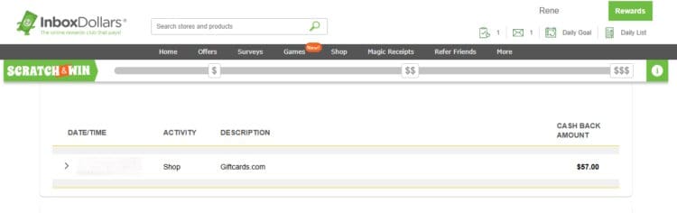 The image is a screenshot of a webpage from InboxDollars, an online rewards platform. The top section includes a logo, a search bar, and navigation links such as Home, Offers, Surveys, Games, Shop, Magic Receipts, Refer Friends, and More. There is a "Scratch & Win" banner below the navigation bar. The main content shows a transaction record with columns labeled Date/Time, Activity, Description, and Cash Back Amount. The activity is listed as "Shop" with the description "Giftcards.com" and a cash back amount of $57.00. The user's name, "Rene," and a "Rewards" button are visible in the top right corner.