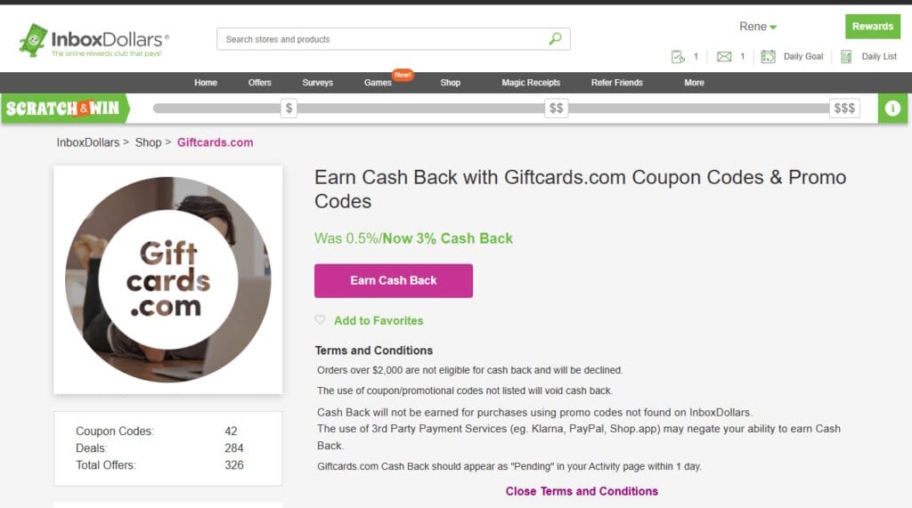 The image is a screenshot of a webpage from InboxDollars, featuring a promotion for earning cash back with Giftcards.com coupon codes and promo codes. It highlights a cash back increase from 0.5% to 3%. There is a button labeled "Earn Cash Back" and an option to add to favorites. Terms and conditions are listed, mentioning restrictions on orders over $2,000 and the use of third-party payment services. The page also shows the number of coupon codes, deals, and total offers available.