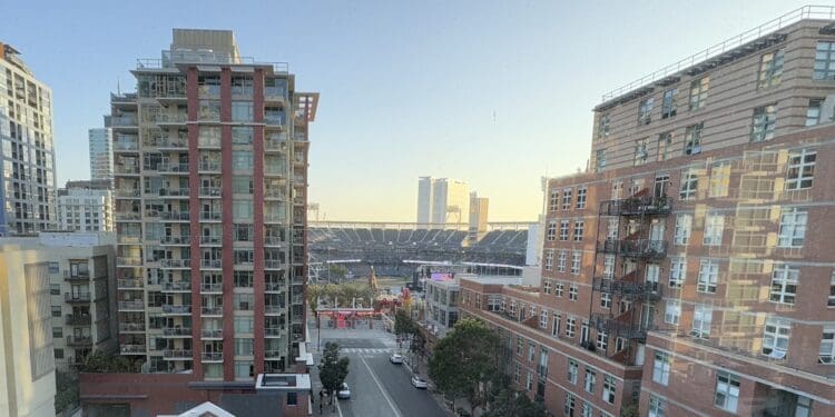 A view of Petco Park from the Hotel Indigo in San Diego, California.