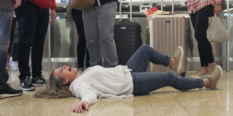 A woman throws a temper tantrum while lying on the floor of an airport