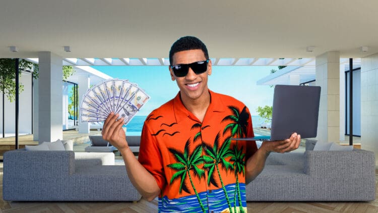 A person wearing sunglasses and a bright orange tropical shirt is standing in a modern, luxurious living room with a view of the ocean. They are smiling and holding a fan of hundred-dollar bills in one hand and a laptop in the other. The room features large windows, a gray sofa, and a wooden floor.
