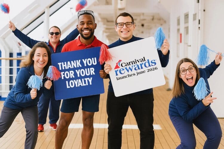 A group of five people is standing on a ship deck, smiling and holding pom-poms. Two people in the front hold signs. The left sign reads "Thank you for your loyalty," and the right sign reads "Carnival Rewards launches June 2026." The atmosphere is cheerful and celebratory.