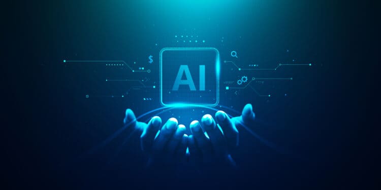 A pair of hands is cupped together, holding a glowing digital representation of a microchip with the letters "AI" in the center. The background is dark with blue and teal tones, featuring abstract lines and symbols like gears and magnifying glasses, suggesting technology and artificial intelligence themes.