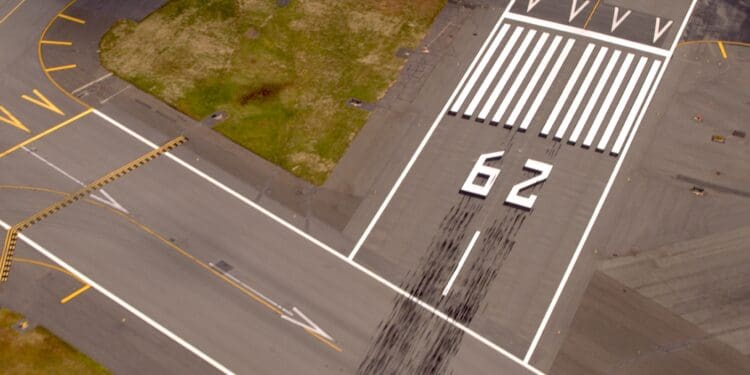 Aerial view of an airport runway with the number "62" painted on it. The runway is marked with white lines and arrows, and there are visible tire skid marks. Surrounding the runway are taxiways with yellow markings and a grassy area.