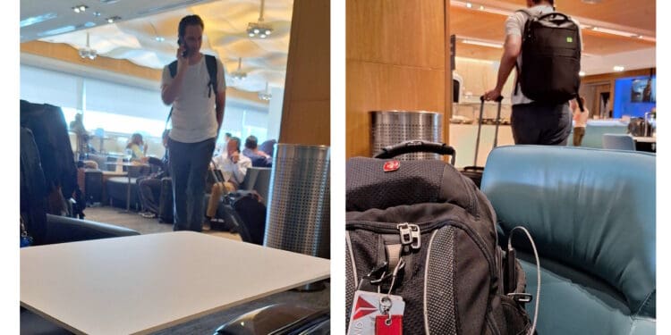 The image is split into two sections. The left section shows a man walking in an airport lounge, talking on his phone, with other people seated in the background. The right section shows a man from behind, pulling a suitcase and wearing a backpack. In the foreground, there is a close-up of a black backpack with a "REMOVE" tag attached, placed on a blue chair. The lounge has modern decor with overhead lighting and a relaxed atmosphere.