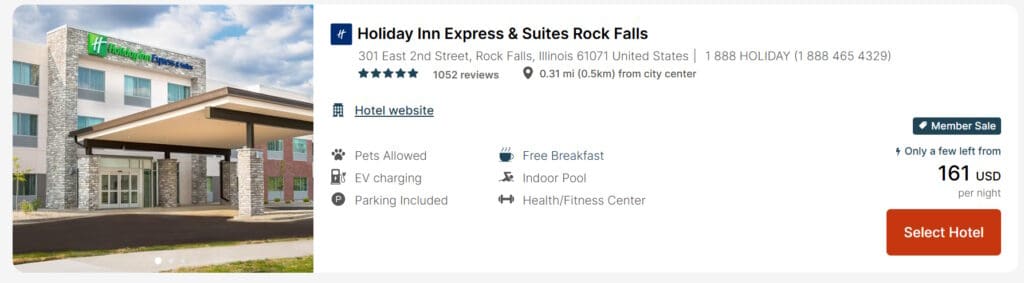 The image shows a promotional listing for the Holiday Inn Express & Suites Rock Falls. On the left, there is a photo of the hotel exterior with a modern design featuring stone accents and a covered entrance. On the right, details about the hotel are provided, including the address (301 East 2nd Street, Rock Falls, Illinois), contact number, and a rating of 4.5 stars from 1052 reviews. Amenities listed include pets allowed, EV charging, parking included, free breakfast, an indoor pool, and a health/fitness center. The hotel is 0.31 miles from the city center. A "Member Sale" is mentioned, with prices starting at 161 USD per night, and a "Select Hotel" button is visible.