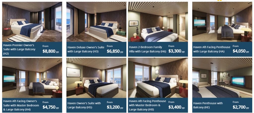 The image displays a grid of eight different luxury suite options on a cruise ship, each with a photo of the room and pricing information. The rooms feature modern decor with large beds, seating areas, and balconies with ocean views. The suite names and prices are as follows: 1. Haven Premier Owner’s Suite with Large Balcony (H2) - From $8,800 per person. 2. Haven Deluxe Owner’s Suite with Large Balcony (H3) - From $6,850 per person. 3. Haven 2-Bedroom Family Villa with Large Balcony (H6) - From $3,300 per person. 4. Haven Aft-Facing Penthouse with Large Balcony (HA) - From $4,050 per person. 5. Haven Aft-Facing Owner’s Suite with Master Bedroom & Large Balcony (H4) - From $4,750 per person. 6. Haven Owner’s Suite with Balcony (H5) - From $3,200 per person. 7. Haven Aft-Facing Penthouse with Master Bedroom & Large Balcony (HB) - From $3,400 per person. 8. Haven Penthouse with Balcony (HE) - From $2,700 per person.