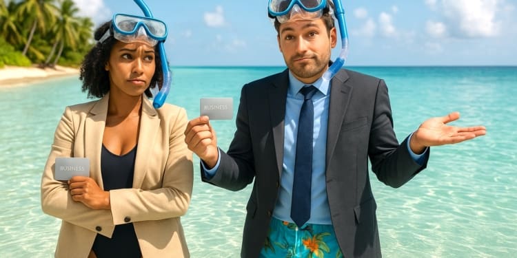 Business Platinum concept: A man and a woman stand in shallow ocean water near a tropical beach. The man is wearing a suit jacket, tie, and colorful swim trunks, holding a card labeled "Business" and shrugging. The woman is wearing a blazer over a swimsuit, also shrugging. Palm trees and a clear blue sky are in the background.