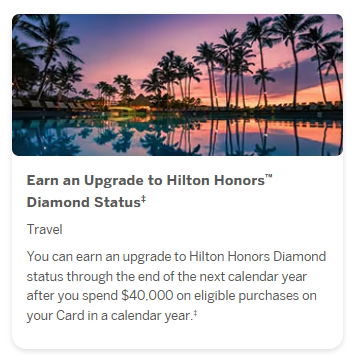 The image shows a promotional card for earning an upgrade to Hilton Honors Diamond Status. The top half features a scenic view of a pool with palm trees silhouetted against a colorful sunset sky. The bottom half contains text detailing the offer, which includes earning the status by spending $40,000 on eligible purchases with a card in a calendar year.