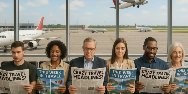 A group of six people sitting in an airport terminal, reading newspapers. The newspapers have headlines like "CRAZY TRAVEL HEADLINES!" and "THIS WEEK IN TRAVEL." Behind them, large windows show airplanes on the tarmac and one taking off. The scene suggests a travel theme.