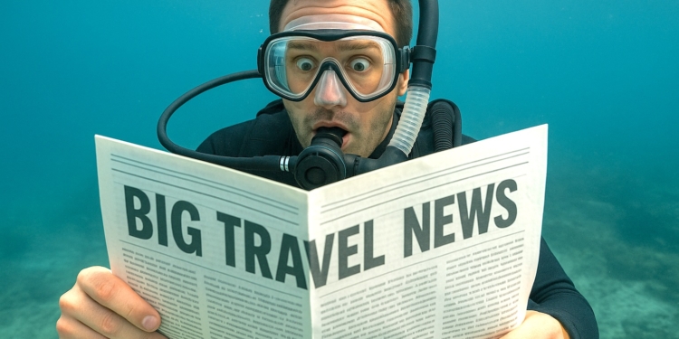 A person underwater wearing scuba diving gear, including a mask and snorkel, is holding and reading a newspaper with the headline "BIG TRAVEL NEWS." The person appears surprised or shocked. The background shows a clear underwater environment.