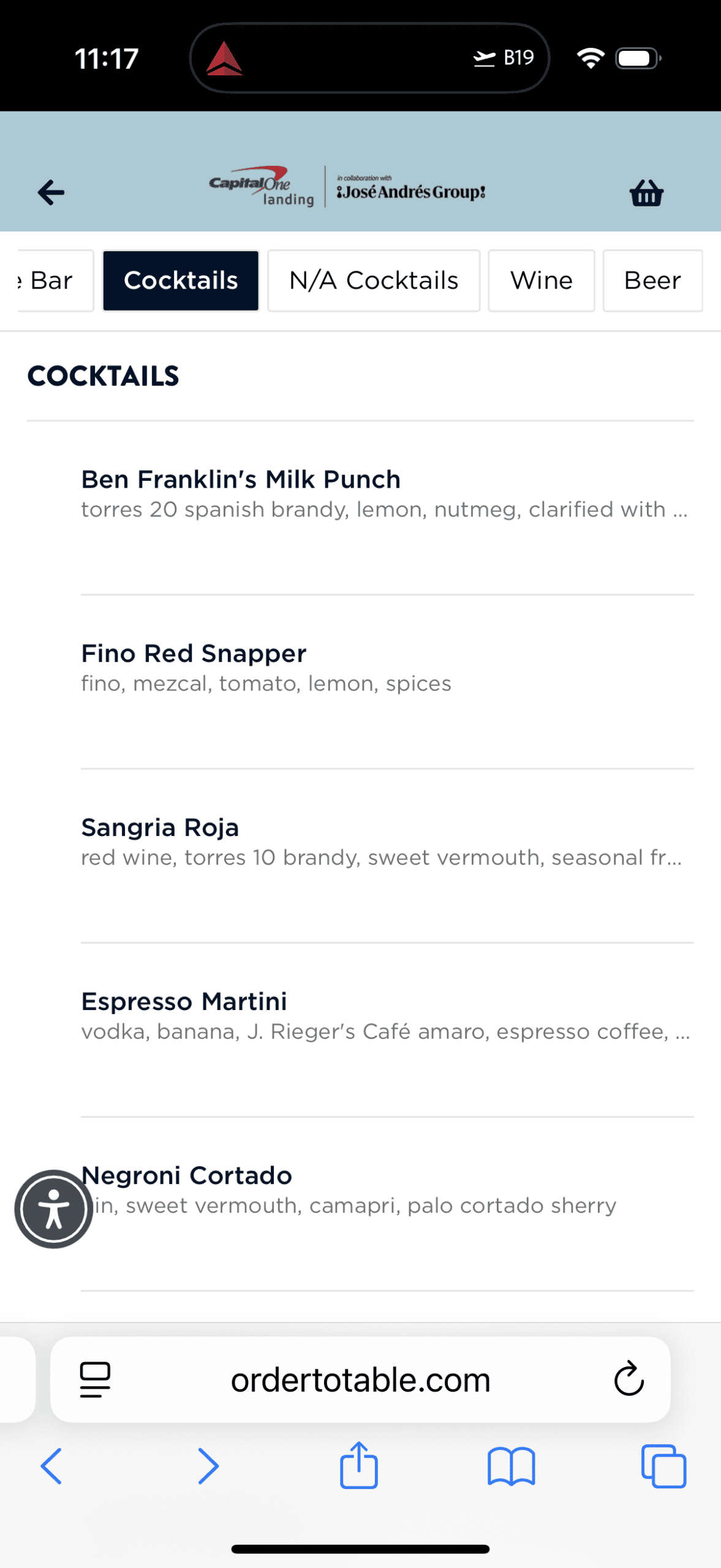 The image shows a menu from a website, featuring a list of cocktails. The cocktails listed are:

1. Ben Franklin’s Milk Punch - Ingredients include Torres 20 Spanish brandy, lemon, nutmeg, and clarified milk.
2. Fino Red Snapper - Ingredients include fino, mezcal, tomato, lemon, and spices.
3. Sangria Roja - Ingredients include red wine, Torres 10 brandy, sweet vermouth, and seasonal fruit.
4. Espresso Martini - Ingredients include vodka, banana, J. Rieger’s Café amaro, espresso coffee, and other components.
5. Negroni Cortado - Ingredients include gin, sweet vermouth, Campari, and Palo Cortado sherry.

The menu is part of a collaboration with José Andrés Group and is accessible via the website "ordertotable.com".