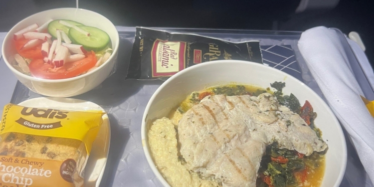 The image shows an airplane meal on a tray table. There is a bowl with grilled chicken, mashed potatoes, and vegetables. Next to it is a small salad with cucumber, tomato, and radish slices. A packet of balsamic vinaigrette dressing is also visible. Additionally, there is a packaged gluten-free chocolate chip cookie and a rolled-up napkin with cutlery.