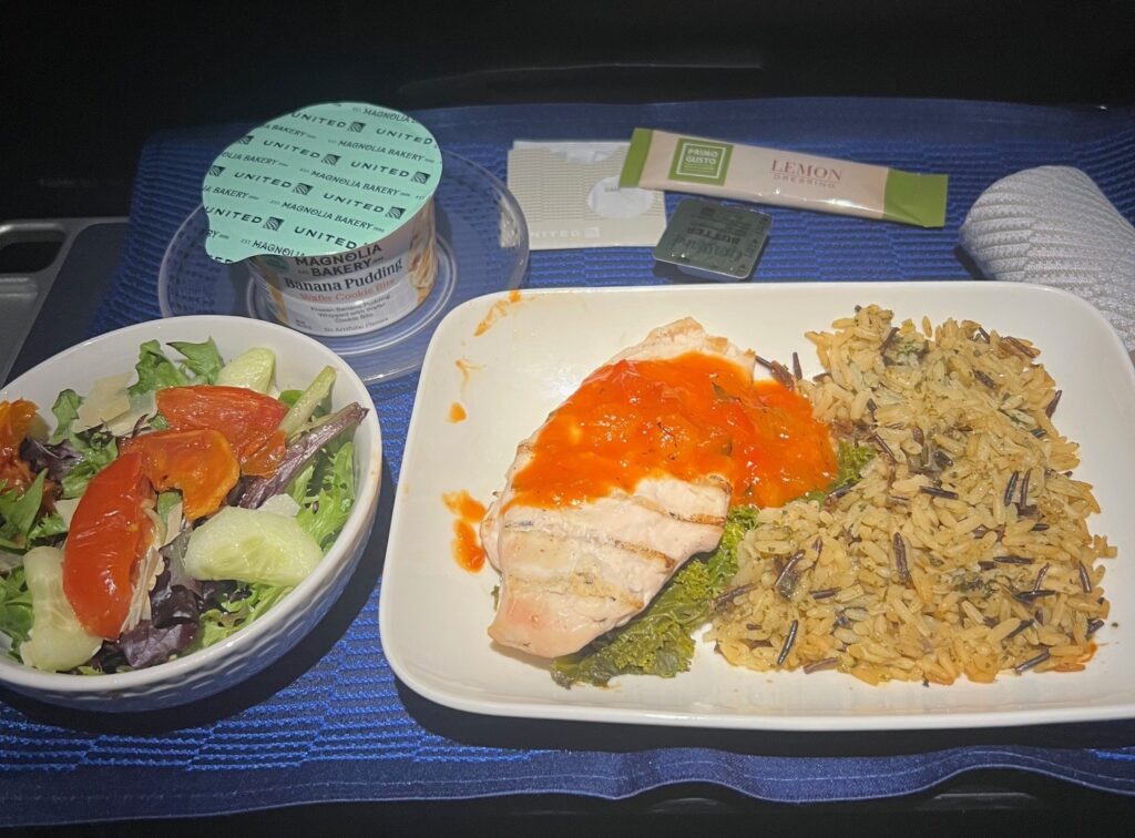 The image shows an airline meal on a tray. The main dish includes grilled chicken with a red sauce, served with wild rice and vegetables. There is a side salad with mixed greens, tomatoes, and cucumbers. A container of banana pudding is also present, along with a packet of lemon dressing, a small container of spread, and a wrapped item, possibly a napkin or utensil. The tray is placed on a blue surface.