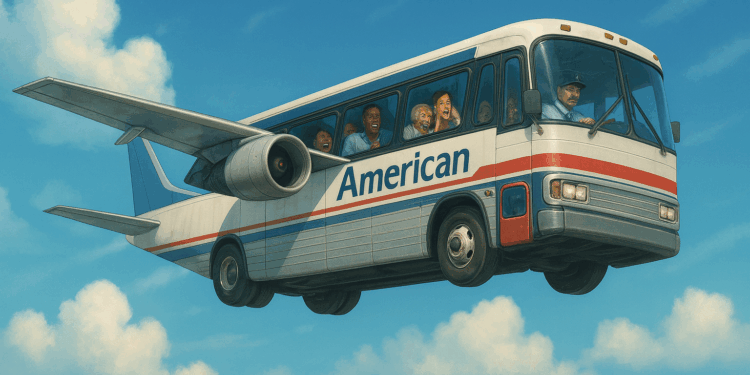 A surreal image of a bus with airplane wings and jet engines flying in the sky. The bus has the word "American" on its side and is filled with passengers looking out the windows, some appearing surprised or excited. The sky is clear with a few clouds.