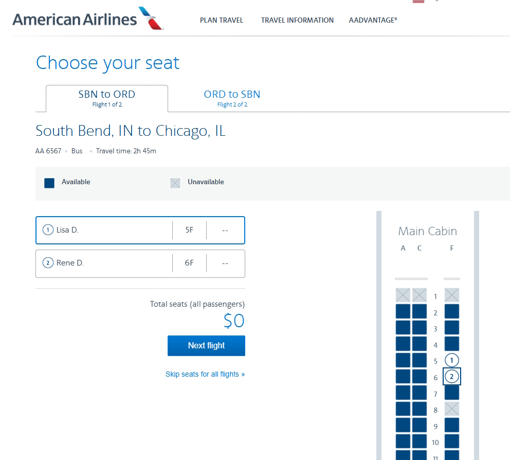The image shows an American Airlines seat selection webpage for a flight from South Bend, IN to Chicago, IL. It displays a seating chart for the main cabin, with available and unavailable seats marked. Two passengers, Lisa D. and Rene D., have selected seats 5F and 6F, respectively. The total cost for all seats is $0, and there is a "Next flight" button. The page also includes navigation options for planning travel, travel information, and AAdvantage.