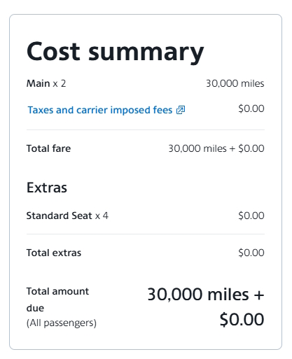 The image is a cost summary for a flight booking. It shows: - Main fare for 2 passengers: 30,000 miles - Taxes and carrier imposed fees: $0.00 - Total fare: 30,000 miles + $0.00 - Extras include Standard Seat for 4 passengers: $0.00 - Total extras: $0.00 - Total amount due for all passengers: 30,000 miles + $0.00