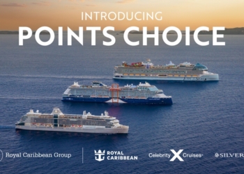 Aerial view of four cruise ships on the ocean at sunset. The text "Introducing Points Choice" is displayed at the top. Logos for Royal Caribbean Group, Royal Caribbean, Celebrity Cruises, and Silversea are at the bottom.
