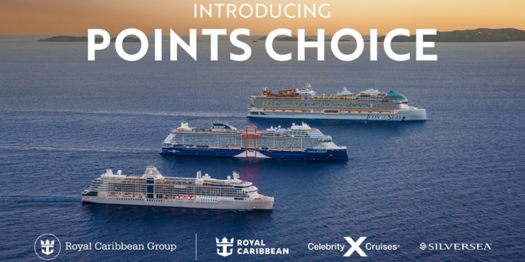 Aerial view of four cruise ships on the ocean at sunset. The text "Introducing Points Choice" is displayed at the top. Logos for Royal Caribbean Group, Royal Caribbean, Celebrity Cruises, and Silversea are at the bottom.