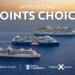 Aerial view of four cruise ships on the ocean at sunset. The text "Introducing Points Choice" is displayed at the top. Logos for Royal Caribbean Group, Royal Caribbean, Celebrity Cruises, and Silversea are at the bottom.