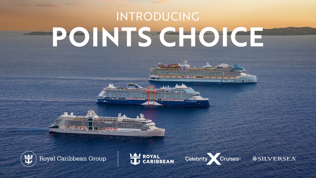 Aerial view of four cruise ships on the ocean at sunset. The text "Introducing Points Choice" is displayed at the top. Logos for Royal Caribbean Group, Royal Caribbean, Celebrity Cruises, and Silversea are at the bottom.