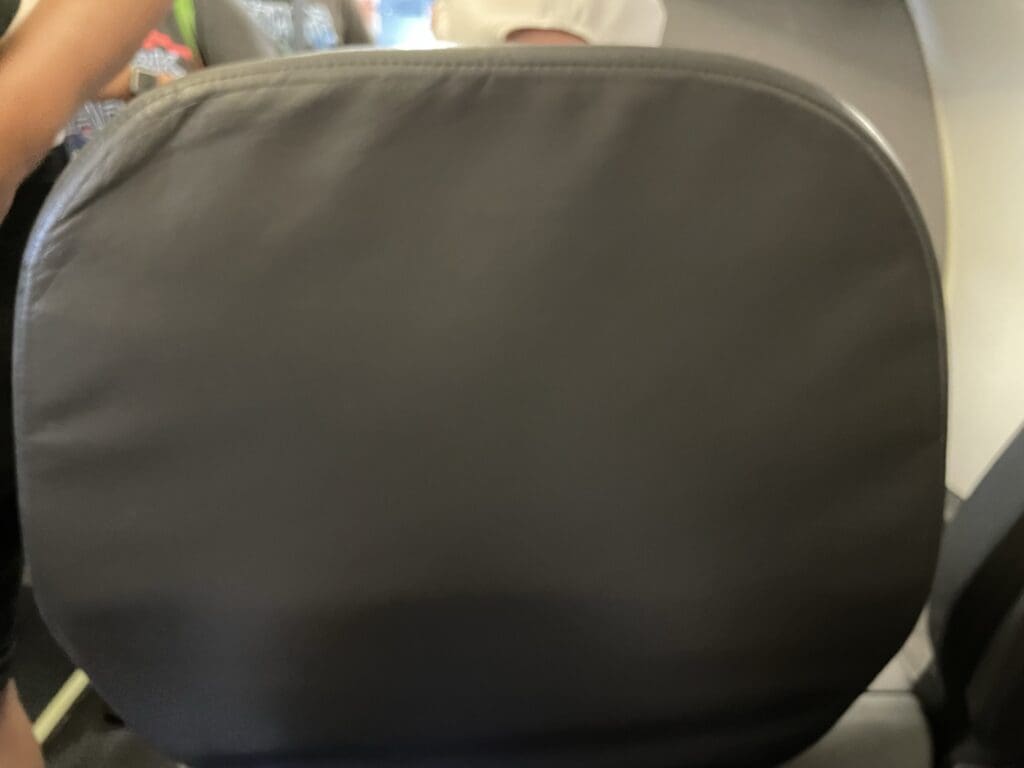 The image shows the back of an airplane seat, covered in dark leather or similar material. In the background, there are blurred figures of people standing, possibly in the aisle of the plane.