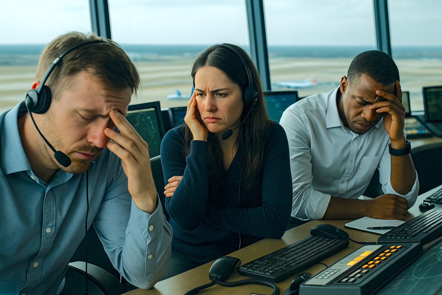 Three air traffic controllers are sitting at a desk in a control tower, wearing headsets. They appear stressed or concerned, with their hands on their faces. Computer monitors and control equipment are visible in front of them, and an airport runway can be seen through the windows in the background.