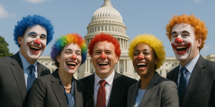 A group of five people dressed in business suits are standing in front of the U.S. Capitol building. They are all wearing clown wigs of various colors and have clown makeup, including red noses and painted smiles. They are laughing and appear to be enjoying themselves. They represent US congress people.
