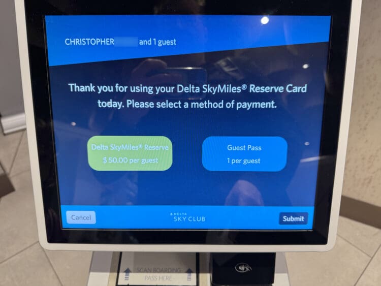 Payment methods for brining a guest into Delta Sky Clubs