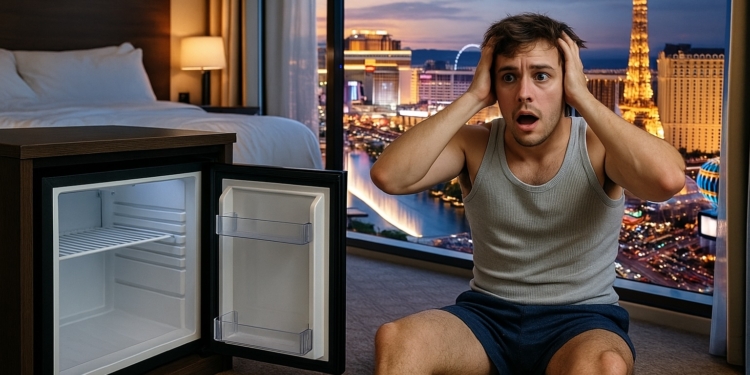 A man in a tank top and shorts is sitting on the floor of a hotel room, looking shocked with his hands on his head. An open, empty mini-fridge is next to him. The window behind shows a cityscape with brightly lit buildings and a replica of the Eiffel Tower, suggesting a view of Las Vegas.