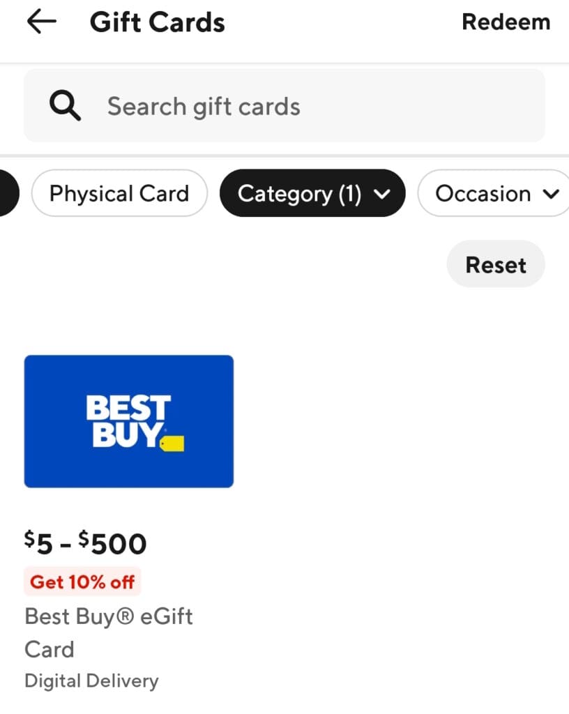 The image shows a digital interface for purchasing gift cards. At the top, there are options to search for gift cards, redeem them, and filter by physical card, category, and occasion. Below, there is a blue Best Buy eGift Card displayed, with a price range of $5 to $500. A red label indicates a 10% discount. The card is available for digital delivery.