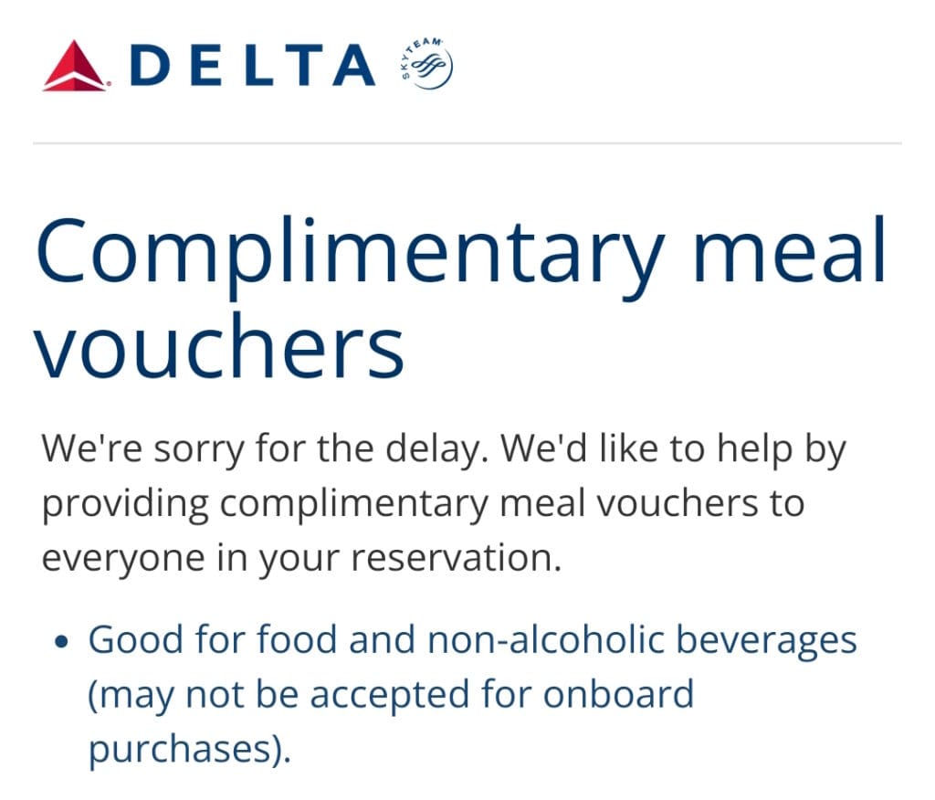 The image is an announcement from Delta Air Lines offering complimentary meal vouchers due to a delay. It states that the vouchers are for food and non-alcoholic beverages, but may not be accepted for onboard purchases. The Delta and SkyTeam logos are at the top.