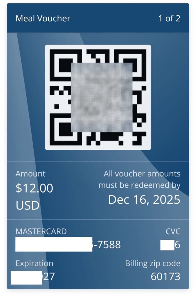 This image shows a digital meal voucher with a QR code. The voucher is valued at $12.00 USD and must be redeemed by December 16, 2025. It includes partially obscured credit card information, such as a Mastercard number ending in 7588, an expiration date, a CVC code, and a billing zip code of 60173. The voucher is labeled as "1 of 2."