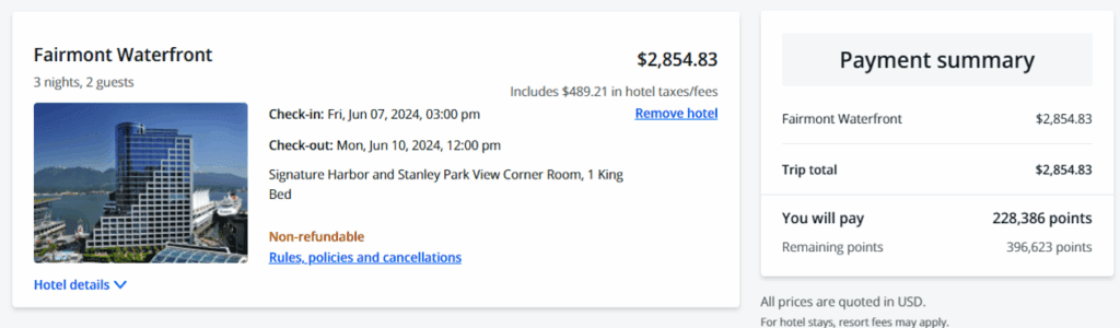The image shows a hotel booking summary for the Fairmont Waterfront. It includes a photo of the hotel, which is a modern high-rise building with a scenic backdrop. The booking details are for 3 nights for 2 guests, with check-in on Friday, June 7, 2024, at 3:00 PM, and check-out on Monday, June 10, 2024, at 12:00 PM. The room is a Signature Harbor and Stanley Park View Corner Room with 1 King Bed. The total cost is $2,854.83, including $489.21 in taxes and fees. The booking is non-refundable, and there are links for hotel details and cancellation policies. The payment summary shows the same total cost and indicates that 228,386 points will be used, with 396,623 points remaining. All prices are in USD.