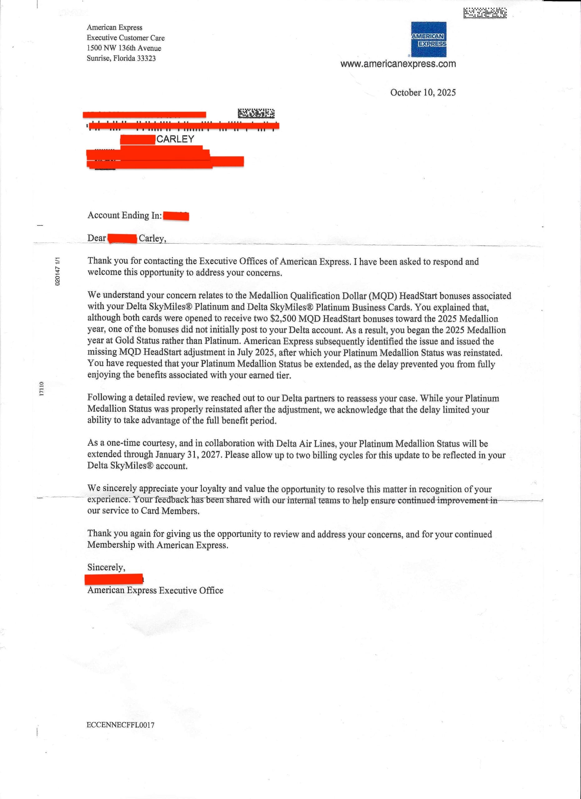 Letter from Amex to Delta Medallion® extending their status