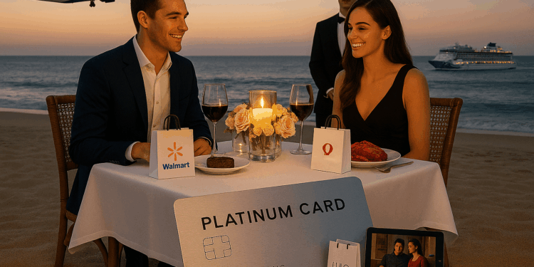 Amex Platinum Refresh concept: A couple is dining at a table set on a beach during sunset. They are smiling and enjoying a meal with wine. The table is adorned with a candle and flowers, and there are small shopping bags from Walmart and another brand. A large card labeled "Platinum Card" is visible, along with a tablet displaying a video call. In the background, a waiter stands, and a cruise ship is visible on the ocean. An airplane is flying in the sky.