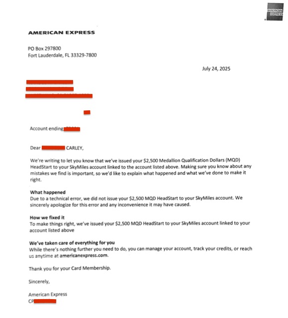 A letter from American Express admitting an error regarding $2,500 Delta MQD