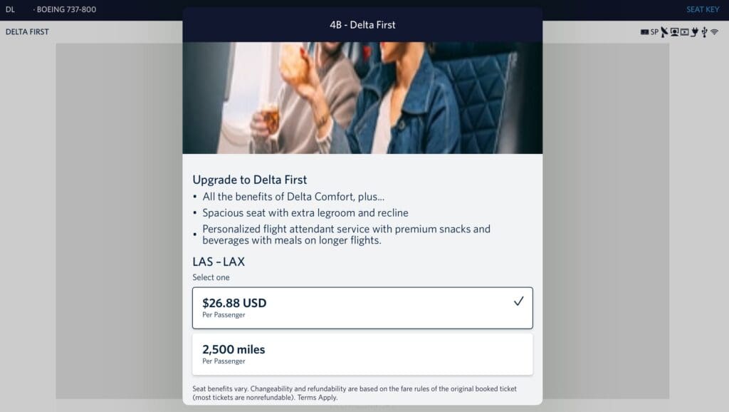 A Delta AIr Lines upgrade offer to First Class for less than $27