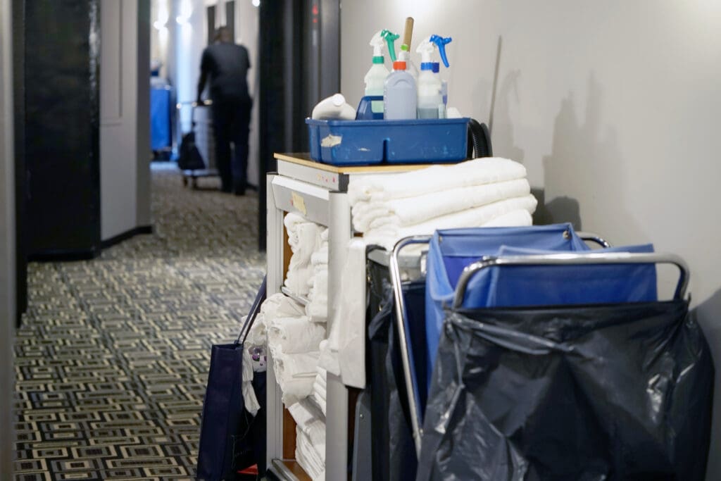A hotel housekeeping cart