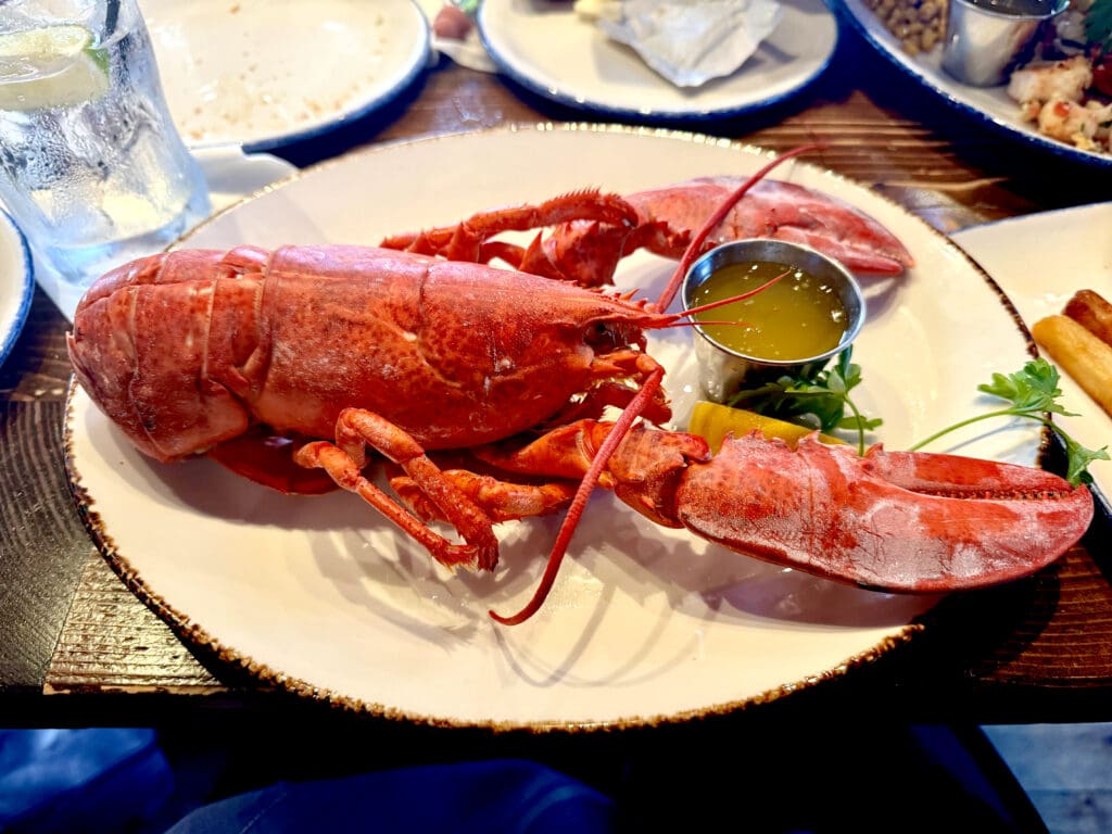 A cooked lobster is served on a white plate with a small metal cup of melted butter and garnished with parsley. The plate is on a wooden table, and there is a glass of water with a lime wedge in the background.