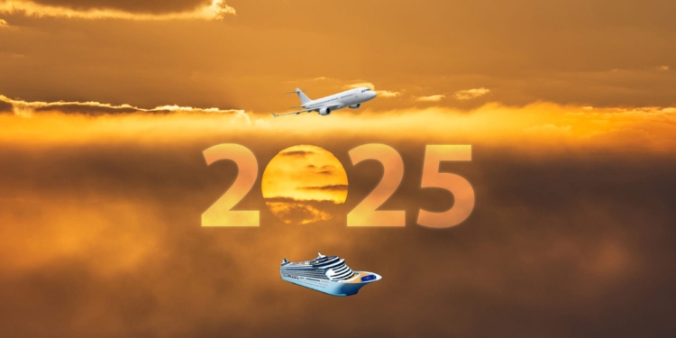 The image shows a dramatic sunset with clouds, featuring the number "2025" in large, translucent text. A commercial airplane is flying above the number, and a cruise ship is positioned below it. The scene conveys a theme of travel and the future.