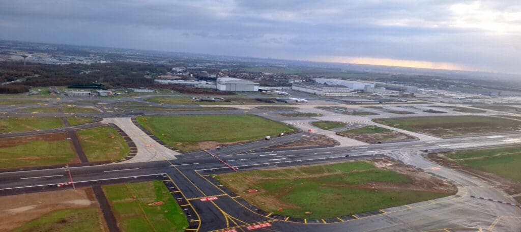 an aerial view of a runway