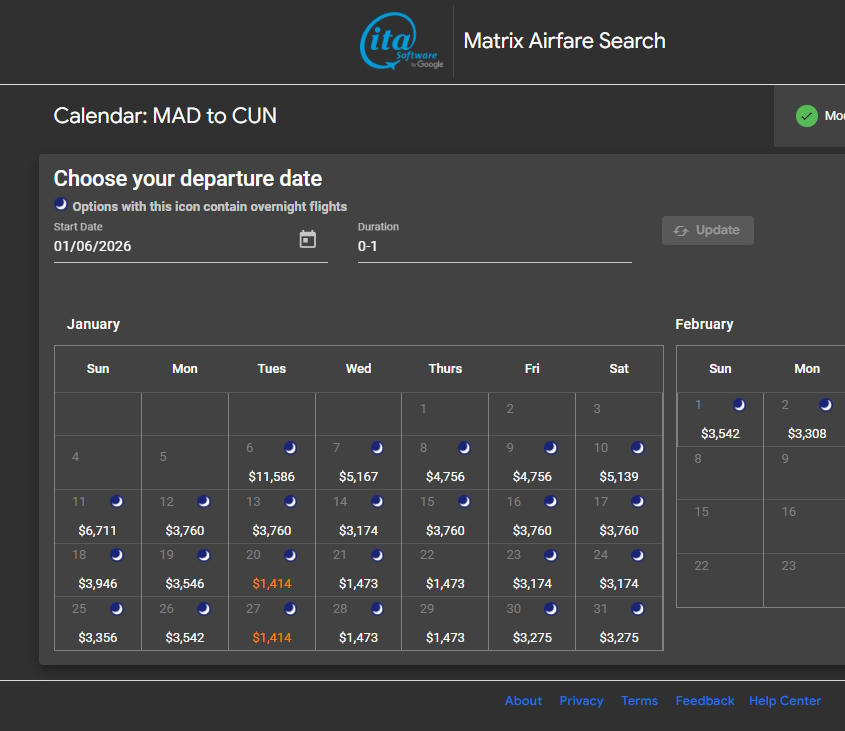 The image shows a screenshot of the Matrix Airfare Search by ITA Software, displaying a calendar for selecting departure dates from Madrid (MAD) to Cancun (CUN). The calendar covers January and February 2026, with various airfare prices listed on different dates. Some dates have a blue icon indicating overnight flights, and the lowest fare of $1,414 is highlighted in orange on January 20 and 27.