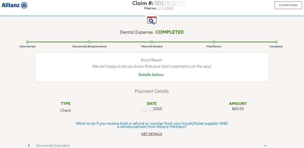The image is a screenshot of an Allianz insurance claim status page. It shows a completed dental expense claim with a progress bar indicating stages from "Claim Started" to "Completed." A message states that the claim payment is on the way. Payment details include the type as "Check," a date in 2025, and an amount of $65.05. There is also a link for more details about receiving refunds or vouchers.