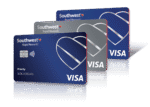 The image shows three Southwest Rapid Rewards Visa credit cards arranged in a staggered formation. The cards are blue with a heart logo and the word "VISA" at the bottom right. The name "Bob Jordan" is visible on the front card, which is labeled "Priority."