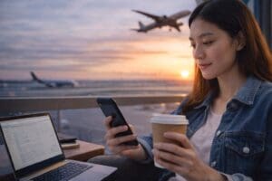 Person checking statement credits on phone at airport before end of month.