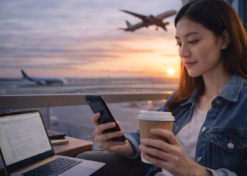Person checking statement credits on phone at airport before end of month.