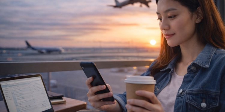 Person checking statement credits on phone at airport before end of month.