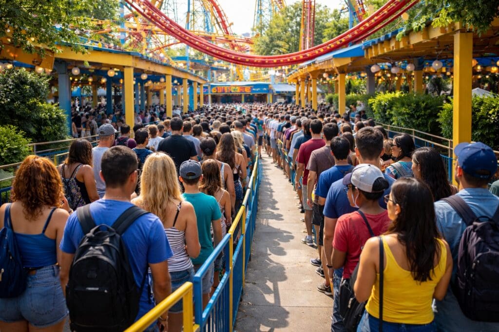 A large crowd of people is standing in a long line at an amusement park. They are waiting to enter a ride, with colorful roller coaster tracks visible overhead. The area is surrounded by trees and decorated with bright yellow and blue structures.